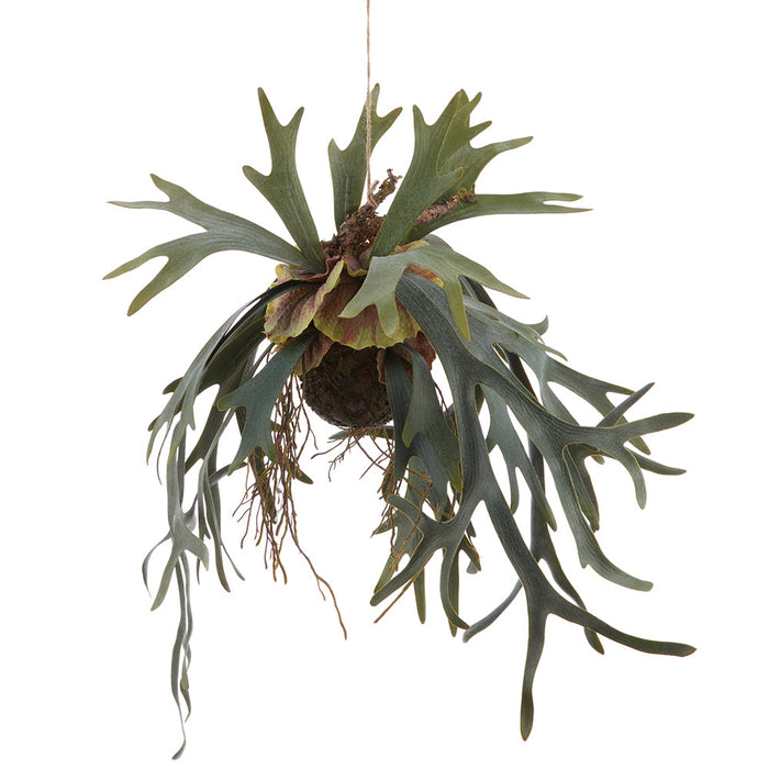 28" PE Staghorn Fern Artificial Plant w/Hanging Soil & Moss Basket -Green/Gray (Pack of 4) - LQF251-GR/GY