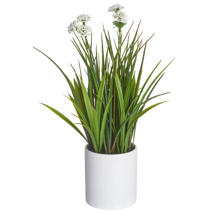 12" Blooming Grass Artificial Plant w/Ceramic Pot -White (pack of 6) - LQG170-WH