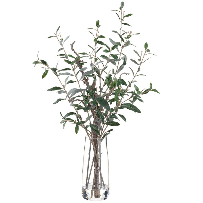 31.5" Olive Leaf & Twig Silk Arrangement w/Glass Vase -Green - LQO206-GR