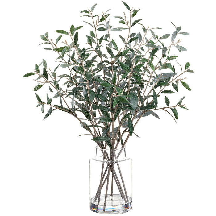 26" Olive Leaf Silk Arrangement w/Glass Vase -Green - LQO209-GR