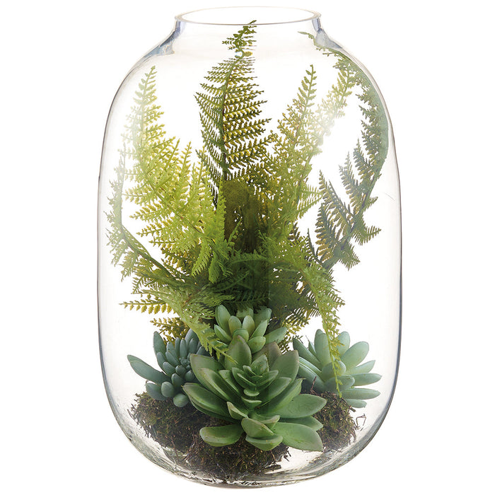 11.5" Mixed Succulent & Leather Fern Artificial Plant w/Glass Terrarium -Green (Pack of 2) - LQS315-GR