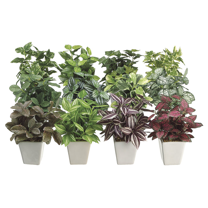 7.5" Set Of 12 Assorted Silk Greenery Plants w/Ceramic Pots -Mixed Colors - LQX068-ASST