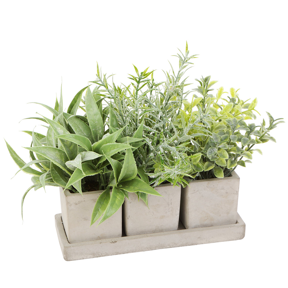 artificial potted herb plants 7" Assorted Greenery in Cement Pot With Tray | Green | Gray | Artificial | 4 pieces
