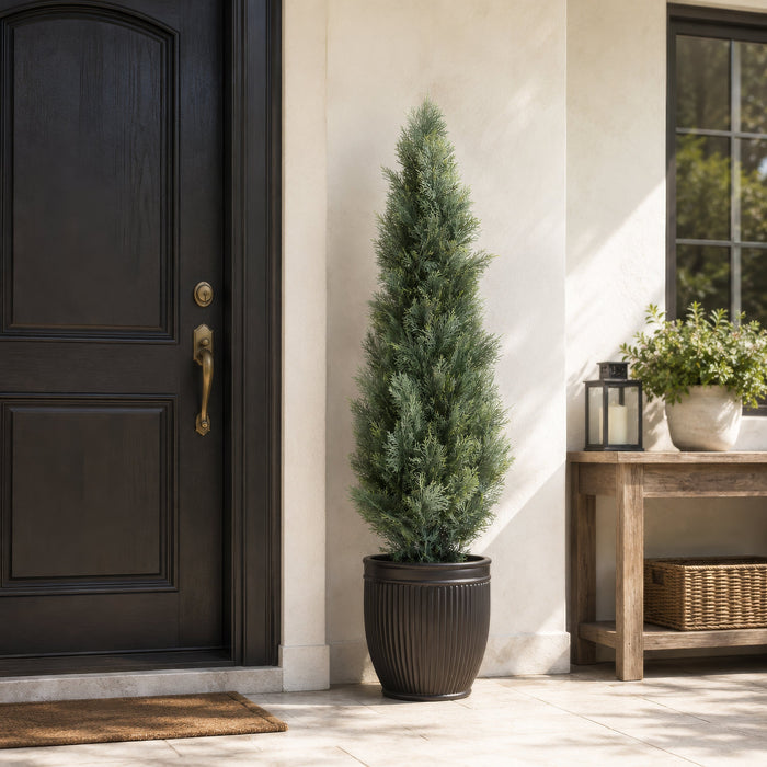 5' Outdoor UV-Resistant Artificial Cedar Cone-Shaped Topiary -Green/Gray (Pack of 2) - LRC125-GR/GY