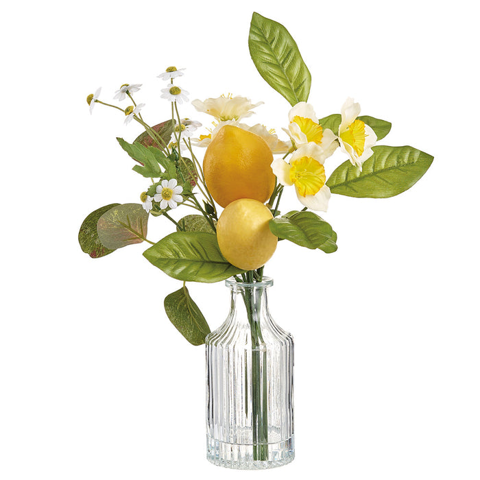 12" Lemon & Daffodil Silk Flower Arrangement w/Glass Vase -Yellow/Green (Pack of 12) - LVL031-YE/GR