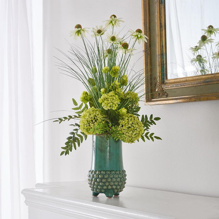 31"Hx20"W Black Eyed Susan, Snowball, Hops & Grass Silk Flower Arrangement w/Terra Cotta Vase -Cream/Green - MF8004-CR/GR