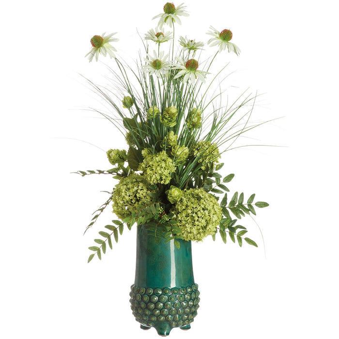 31"Hx20"W Black Eyed Susan, Snowball, Hops & Grass Silk Flower Arrangement w/Terra Cotta Vase -Cream/Green - MF8004-CR/GR