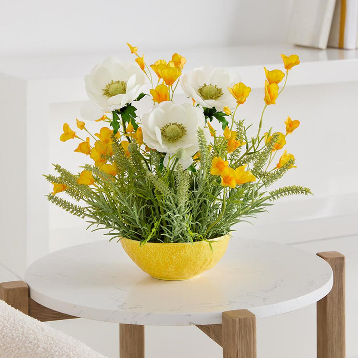 12"Hx14"W Anemone, Mini Poppy & Astilbe Silk Flower Arrangement w/Lemon Bowl -White/Yellow - MF8008-WH/YE