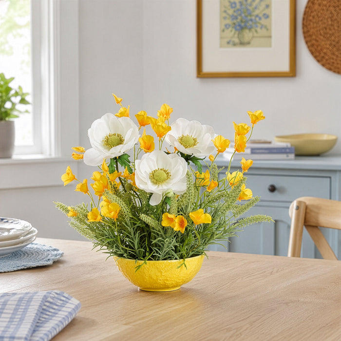 12"Hx14"W Anemone, Mini Poppy & Astilbe Silk Flower Arrangement w/Lemon Bowl -White/Yellow - MF8008-WH/YE