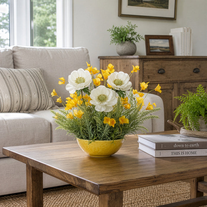 12"Hx14"W Anemone, Mini Poppy & Astilbe Silk Flower Arrangement w/Lemon Bowl -White/Yellow - MF8008-WH/YE