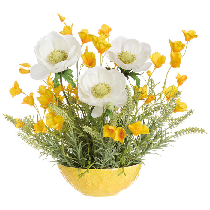12"Hx14"W Anemone, Mini Poppy & Astilbe Silk Flower Arrangement w/Lemon Bowl -White/Yellow - MF8008-WH/YE