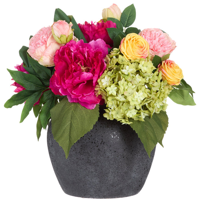 16"Hx15"W Peony, Rose & Hydrangea Silk Flower Arrangement w/Ceramic Pot -Pink/Green - MF8018-PK/GR