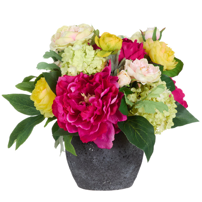 10.5"Hx13"W Peony, Rose & Ranunculus Silk Flower Arrangement w/Ceramic Pot -Pink/Green - MF8019-PK/GR