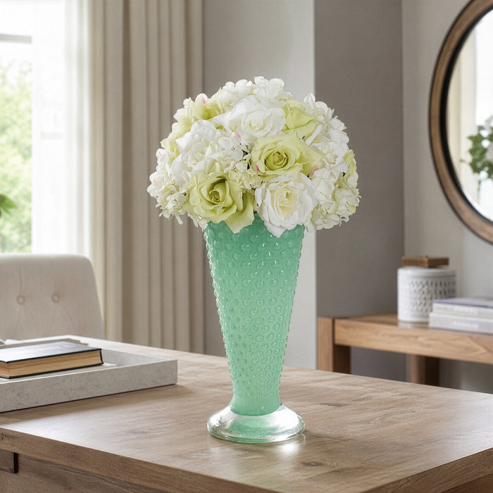 14.5"Hx7.5"W Rose Silk Flower Arrangement w/Glass Vase -Cream/Green - MF8021-CR/GR
