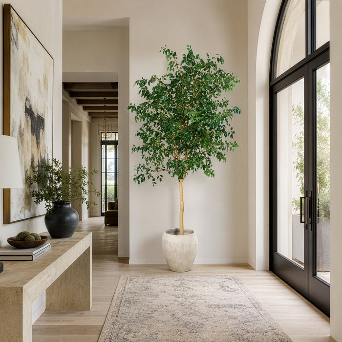 10'6"Hx48"W Ficus Benjamina Leaf Silk Tree w/Cement Planter -Green - MT8001-GR