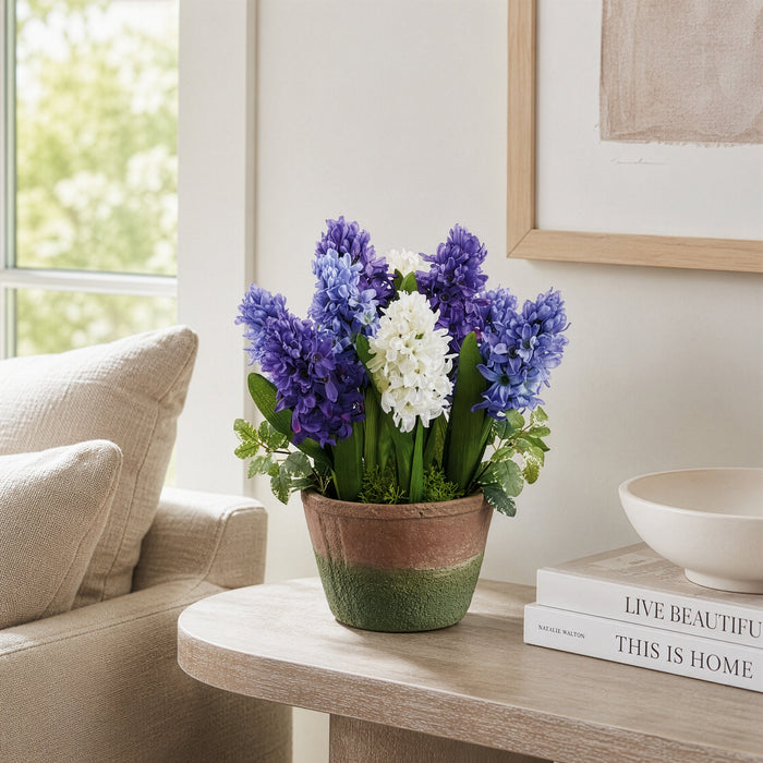13" Hyacinth Silk Flower Arrangement w/Cement Pot -Blue/Purple - LFH295-BL/PU