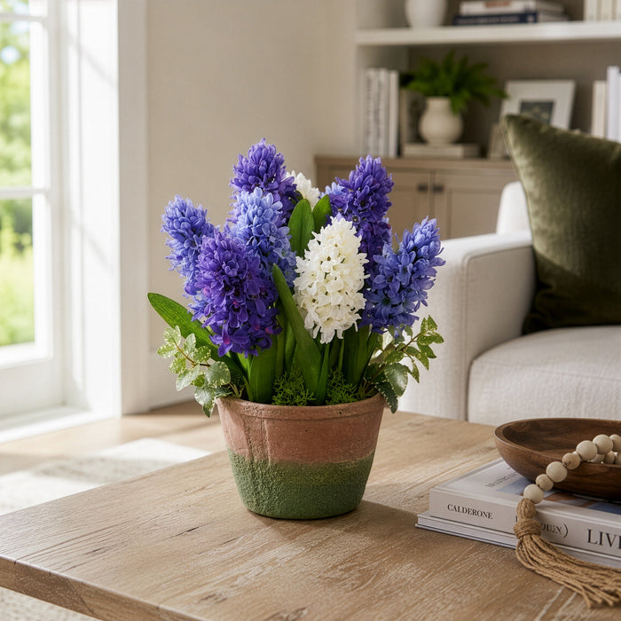 13" Hyacinth Silk Flower Arrangement w/Cement Pot -Blue/Purple - LFH295-BL/PU