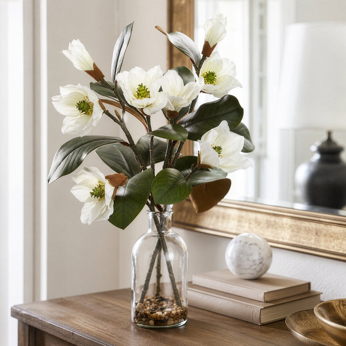 21" Magnolia Silk Flower Arrangement w/Glass Vase -White (Pack of 6) - LFM301-WH