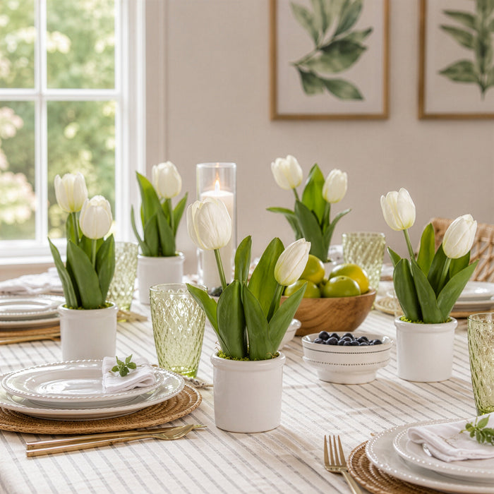 9" Tulip Silk Flower Arrangement w/Terra Cotta Vase -White (Pack of 12) - LFT239-WH