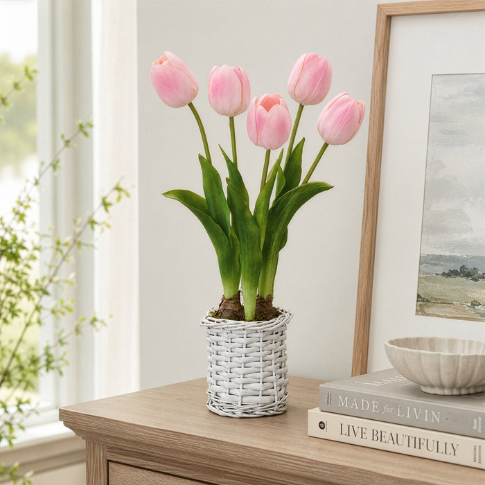 16.5" Tulip & Bulb Silk Flower Arrangement w/Basket -Pink (Pack of 4) - LFT620-PK
