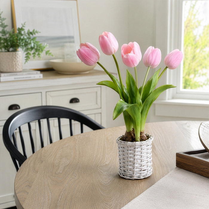 16.5" Tulip & Bulb Silk Flower Arrangement w/Basket -Pink (Pack of 4) - LFT620-PK