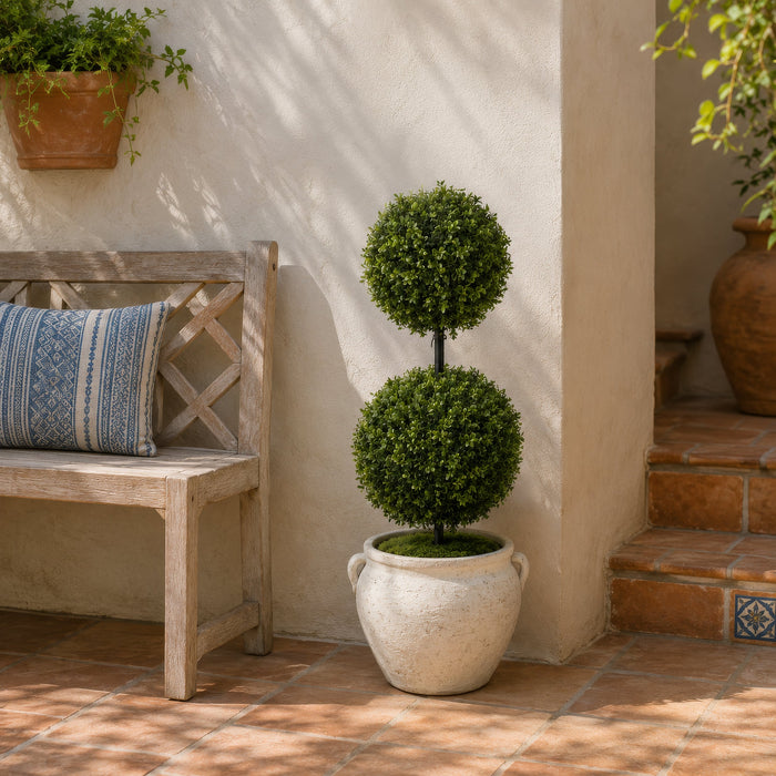 37" Outdoor UV-Resistant Artificial Double Boxwood Ball-Shaped Topiary w/Pot, Battery LED Pre-Lit -Green - LPB251-GR