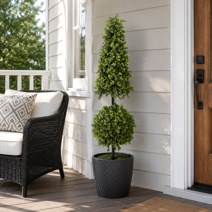 42" Outdoor UV-Resistant Artificial Boxwood Ball & Cone-Shaped Topiary w/Pot, Battery LED Pre-Lit -Green - LPB252-GR