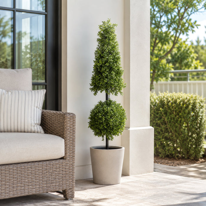 42" Outdoor UV-Resistant Artificial Boxwood Ball & Cone-Shaped Topiary w/Pot, Battery LED Pre-Lit -Green - LPB252-GR