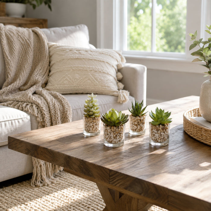 7.5" Set Of Artificial Barrel & Column Cactus Plants w/Ceramic Pots -Green/Gray - LQS620-GR/GY