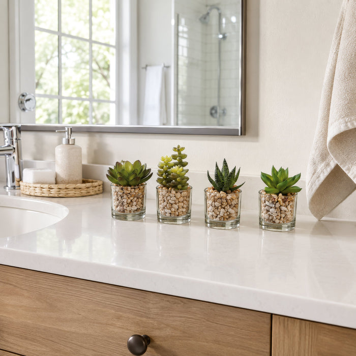 7.5" Set Of Artificial Barrel & Column Cactus Plants w/Ceramic Pots -Green/Gray - LQS620-GR/GY