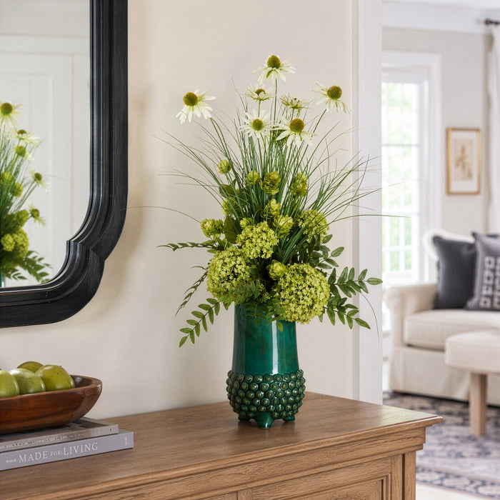 31"Hx20"W Black Eyed Susan, Snowball, Hops & Grass Silk Flower Arrangement w/Terra Cotta Vase -Cream/Green - MF8004-CR/GR