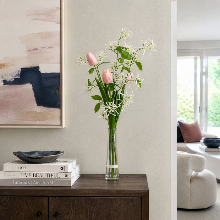 39"Hx19"W Tulip & Fringetree Blossom Silk Flower Arrangement w/Glass Vase -Pink/White - MF8012-PK/WH