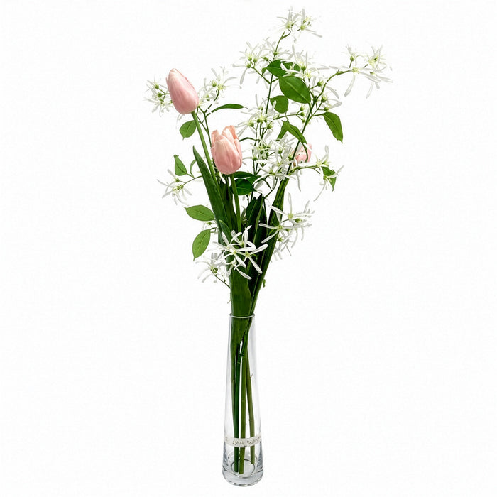39"Hx19"W Tulip & Fringetree Blossom Silk Flower Arrangement w/Glass Vase -Pink/White - MF8012-PK/WH