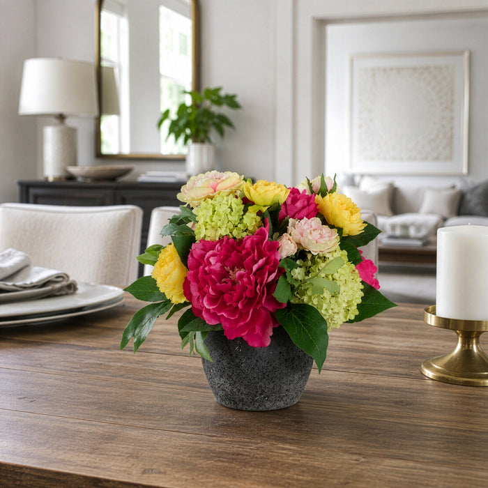 10.5"Hx13"W Peony, Rose & Ranunculus Silk Flower Arrangement w/Ceramic Pot -Pink/Green - MF8019-PK/GR
