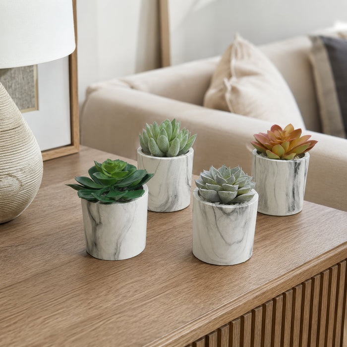 4.75" Set Of Assorted Succulent Artificial Plants w/Fake Marble Pots -Green/Burgundy - SAFDYJT8ABDG