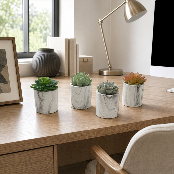 4.75" Set Of Assorted Succulent Artificial Plants w/Fake Marble Pots -Green/Burgundy - SAFDYJT8ABDG