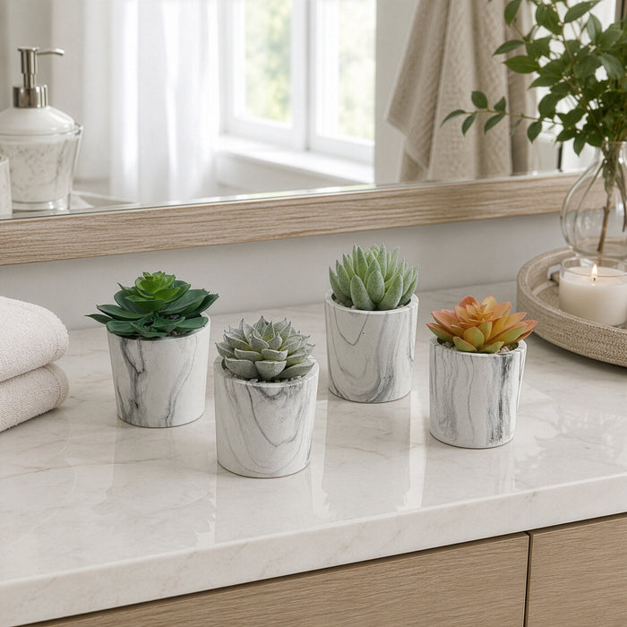 4.75" Set Of Assorted Succulent Artificial Plants w/Fake Marble Pots -Green/Burgundy - SAFDYJT8ABDG