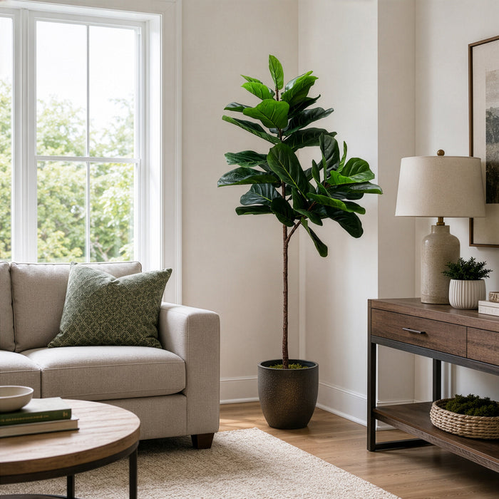 5'6" Real Touch Fiddle Leaf Fig Silk Tree w/Pot -34 Leaves -Green - SAFDYL3083