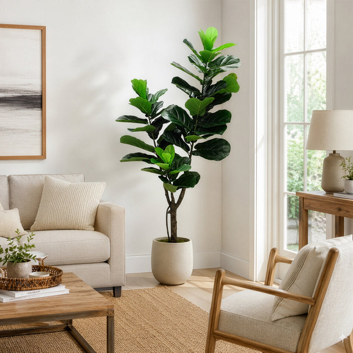 5'10" Real Touch Fiddle Leaf Fig Silk Tree w/Pot -77 Leaves -Green - SAFDYL3088