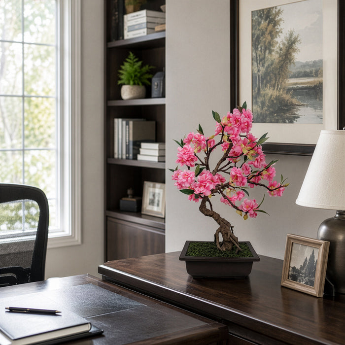 20"Hx12"W Silk Cherry Blossom Flowering Bonsai Tree w/Planter -Pink - SAFDYPA03-5PK