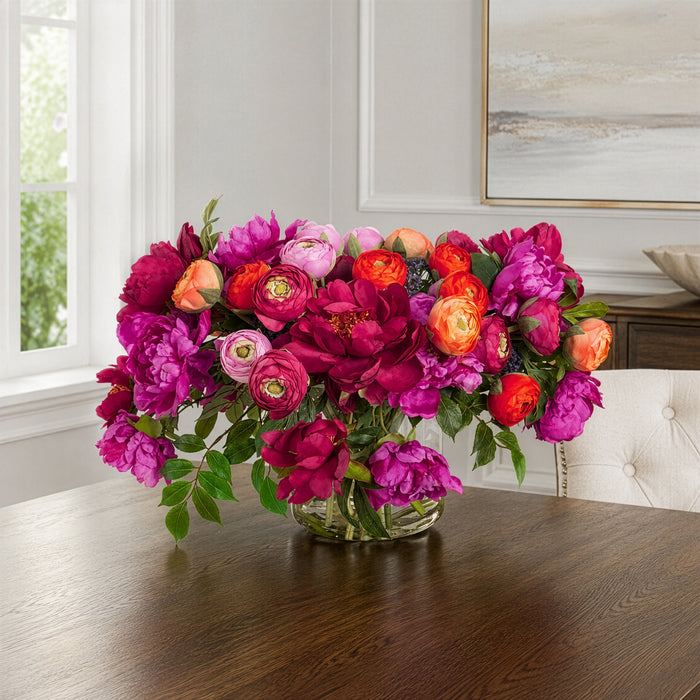 16"Hx27"W Mixed Ranunculus, Peony & Queen Anne Silk Flower Arrangement w/Glass Vase -Mixed Colors - WF0187-MX