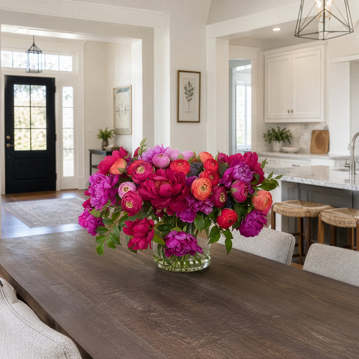 16"Hx27"W Mixed Ranunculus, Peony & Queen Anne Silk Flower Arrangement w/Glass Vase -Mixed Colors - WF0187-MX