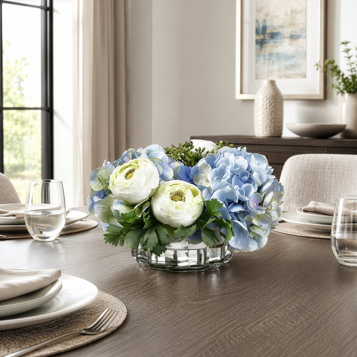 6.5"Hx10"W Silk Hydrangea & Ranunculus Flower Arrangement w/Ribbed Glass Vase -Blue/Green - WF0681-BL/GR