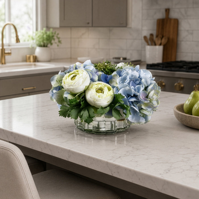 6.5"Hx10"W Silk Hydrangea & Ranunculus Flower Arrangement w/Ribbed Glass Vase -Blue/Green - WF0681-BL/GR