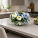6.5"Hx10"W Silk Hydrangea & Ranunculus Flower Arrangement w/Ribbed Glass Vase -Blue/Green - WF0681-BL/GR