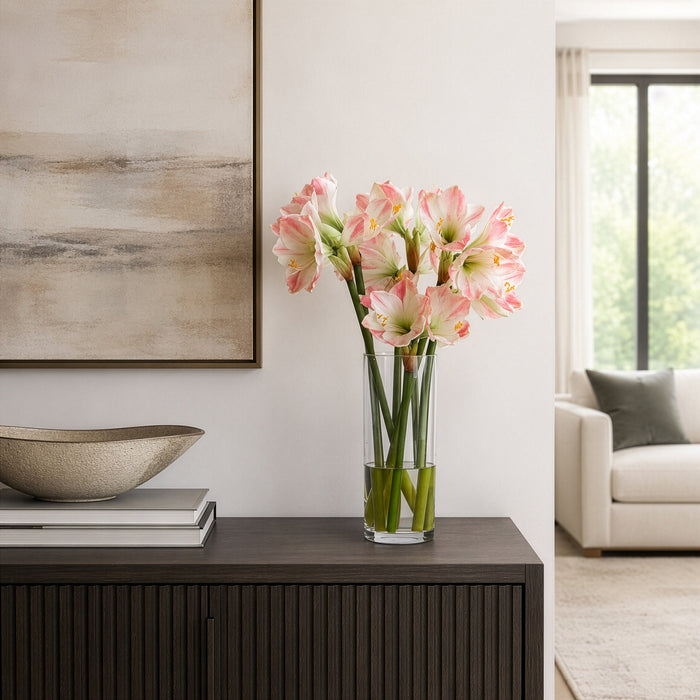 27"Hx19"W Silk Amaryllis Flower Arrangement w/Tall Glass Vase -White/Pink - WF0719-WH/PK