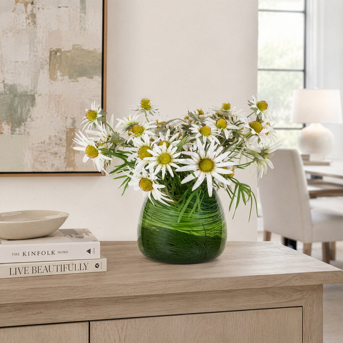 14"Hx18"W Rudbeckia & Grass Artificial Flower Arrangement w/Glass Vase -White/Green - WF0722-WH/GR