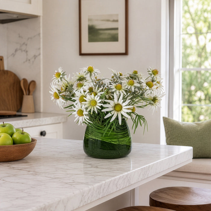 14"Hx18"W Rudbeckia & Grass Artificial Flower Arrangement w/Glass Vase -White/Green - WF0722-WH/GR