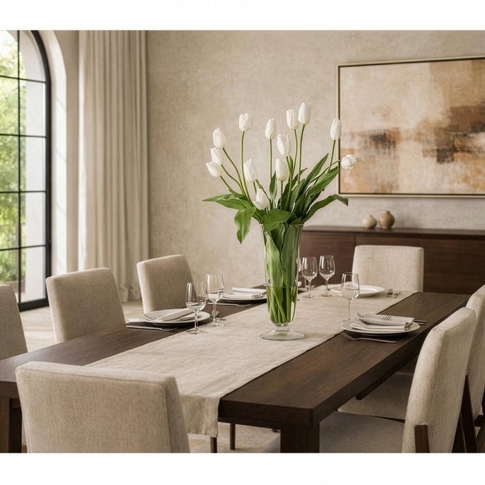 33"Hx22"W Silk French Tulip Flower Arrangement w/Footed Glass Vase -White/Green - WF0724-WH/GR