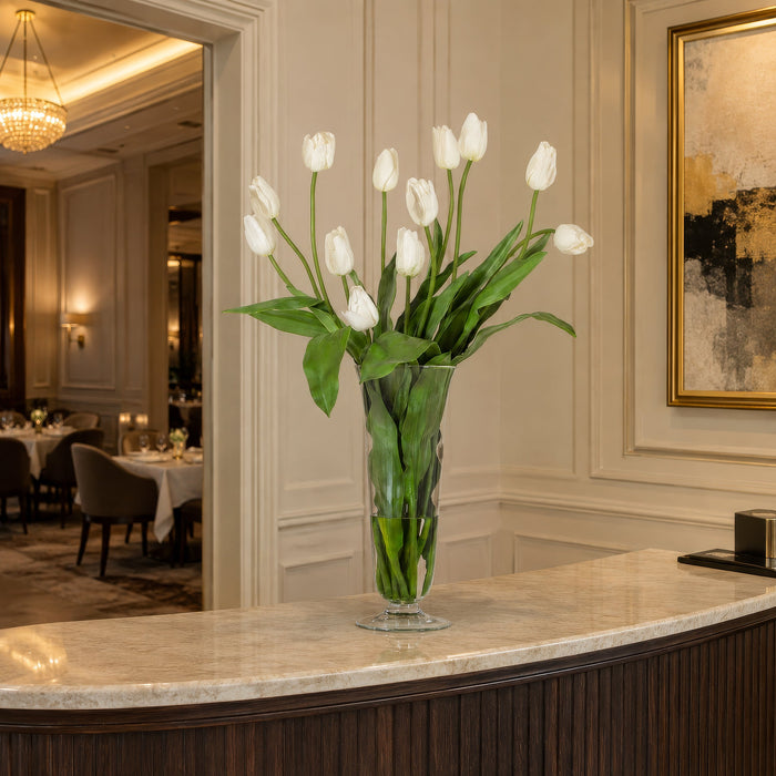 33"Hx22"W Silk French Tulip Flower Arrangement w/Footed Glass Vase -White/Green - WF0724-WH/GR